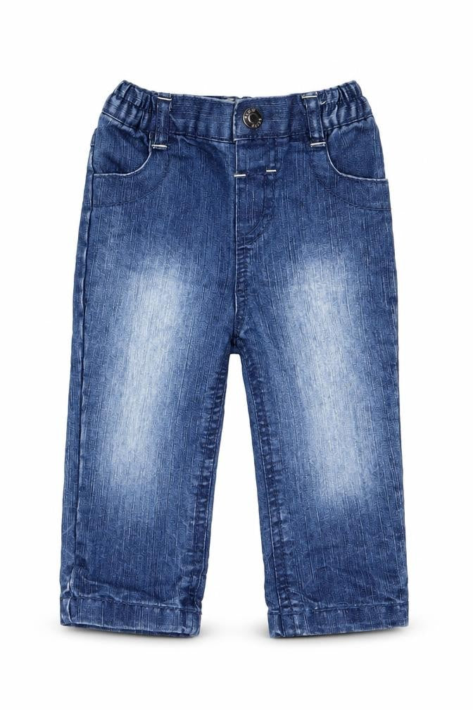 Front view of Early Days boys’ blue cotton jeans, size 3-6, months button - back elastication