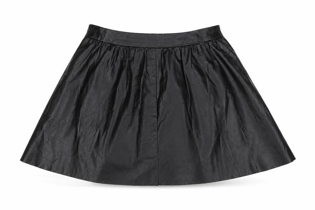 Front view of Topshop women’s black polyurethane a-line skirt, size UK 10