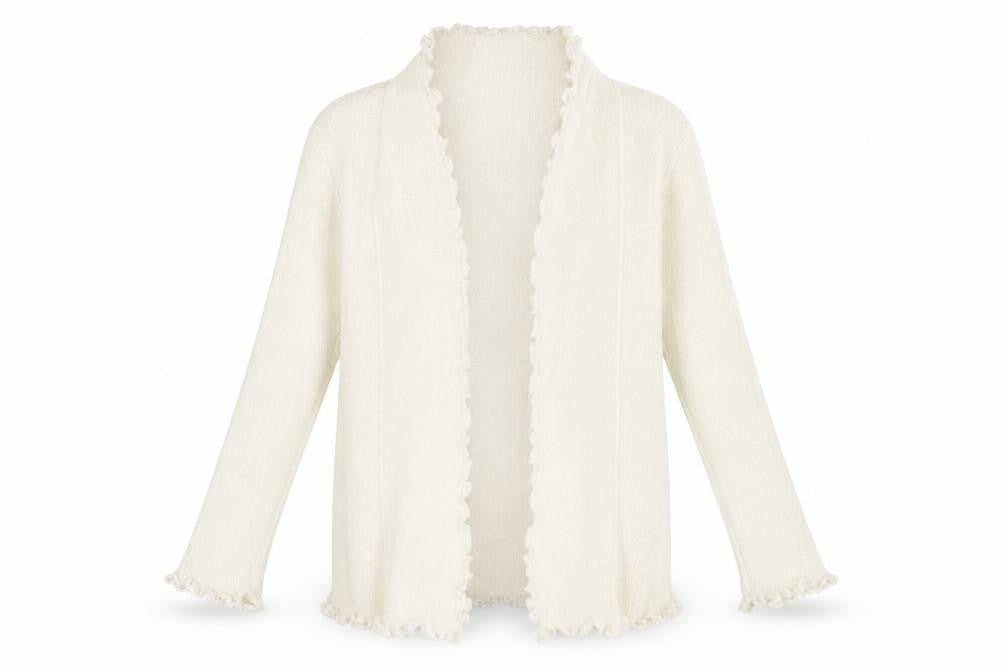 Front view of TIGI women’s ivory collared acrylic cardigan jumper, size UK 14