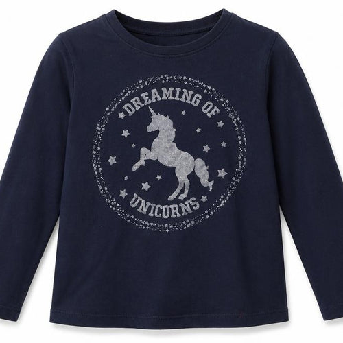 Preworn Girls Blue  100% Cotton Basic Blouse Size 10-11 Years Round Neck  - Unicorns
