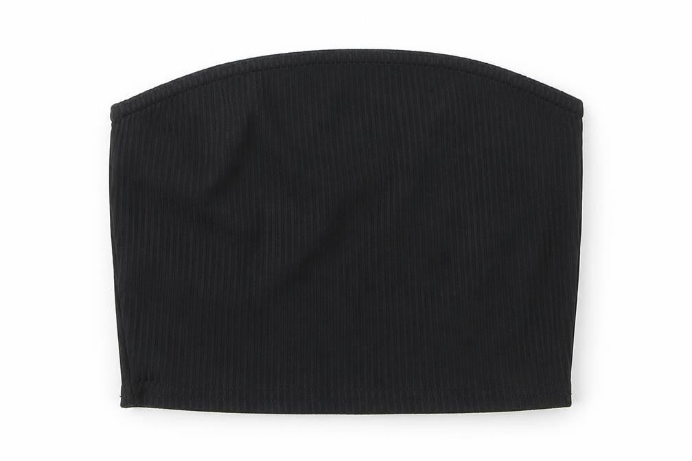 Front view of PRETTYLITTLETHING women’s black polyester basic blouse, size UK 4, off the shoulder - bandeau