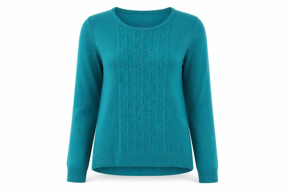 Front view of Paramour women’s green round neck viscose jumper, size M