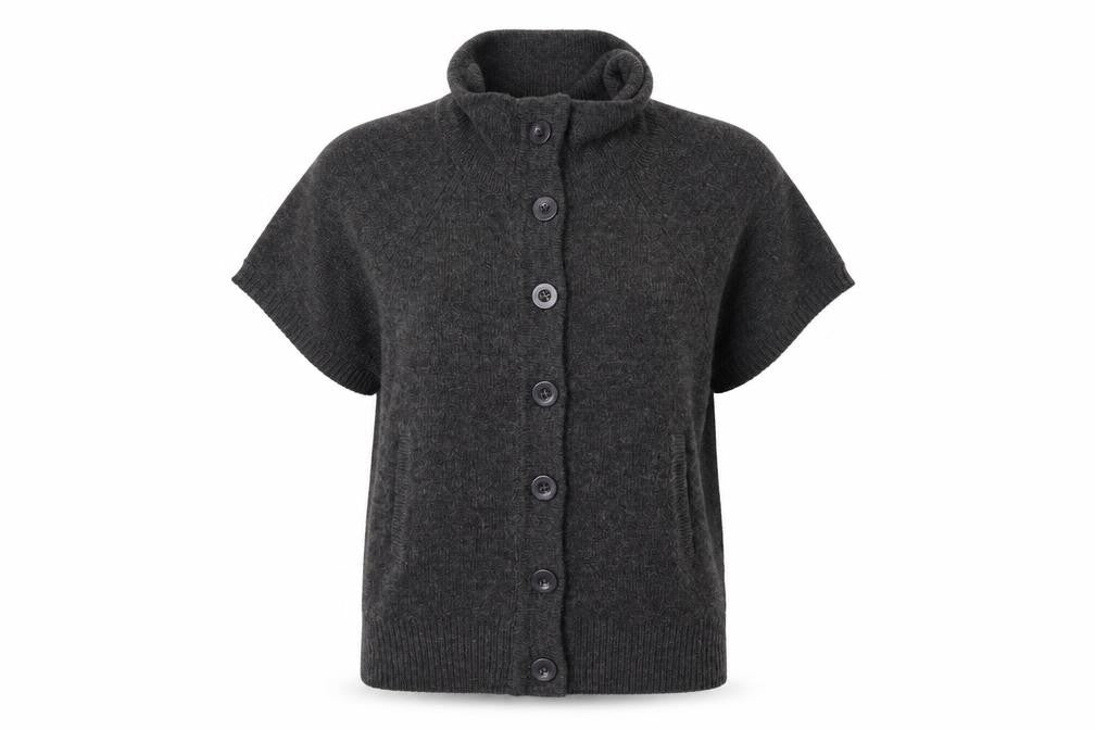 Front view of Cherry women’s grey roll neck wool cardigan jumper, size M