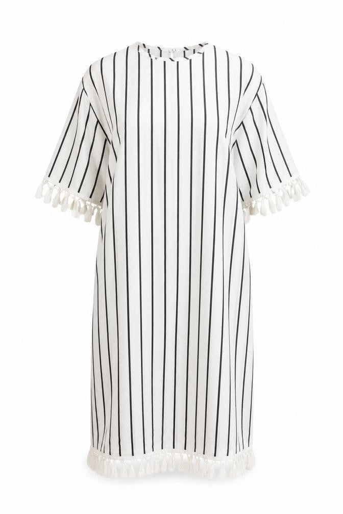 Front view of SHEIN women’s white striped polyester a-line, size L, crew neck button