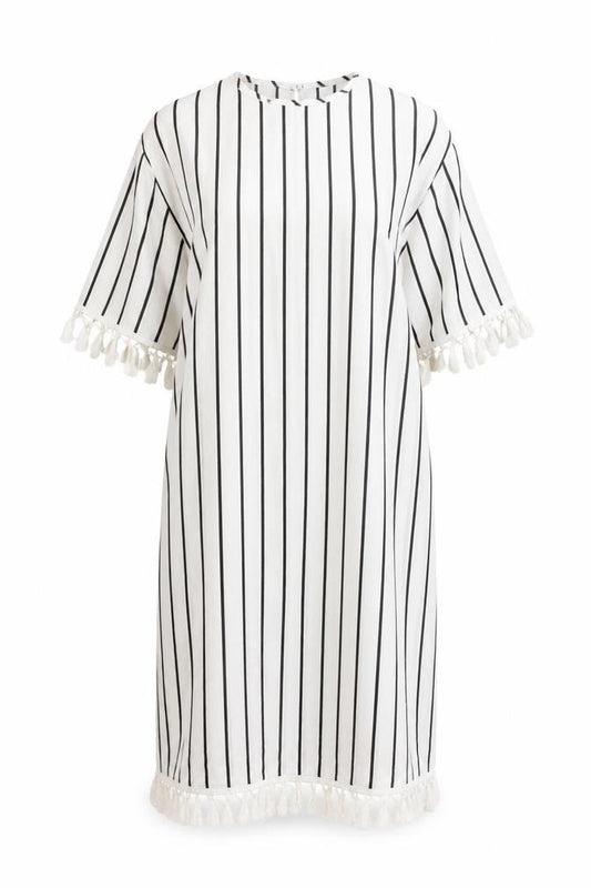 Front view of SHEIN women’s white striped polyester a-line, size L, crew neck button
