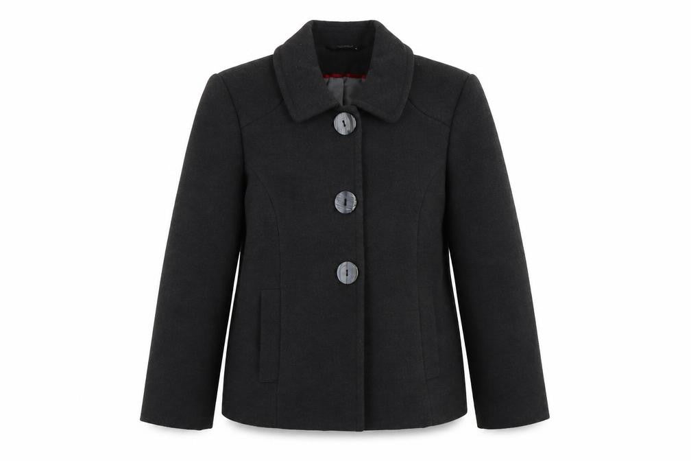 Front view of Bonmarché women’s grey pea coat coat, size UK 14, button
