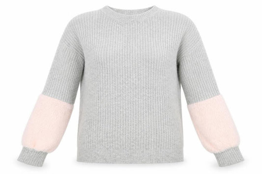 Front view of Primark women’s grey round neck acrylic jumper, size M