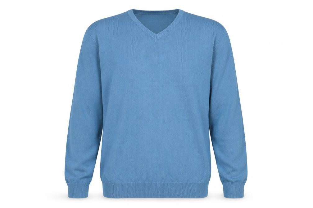 Front view of Capsule men’s blue v-neck acrylic jumper, size L