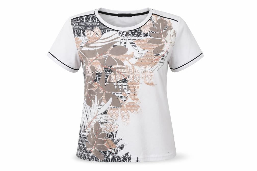 Front view of Just Elegance women’s white floral polyester basic blouse, size L, crew neck