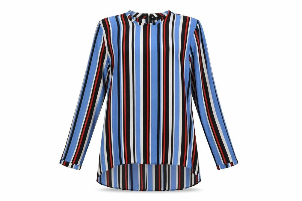 Front view of Primark women’s blue striped polyester basic blouse, size UK 12, mock neck