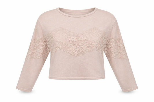 Front view of H&M women’s pink crew neck polyester henley jumper, size XS, - lace detail