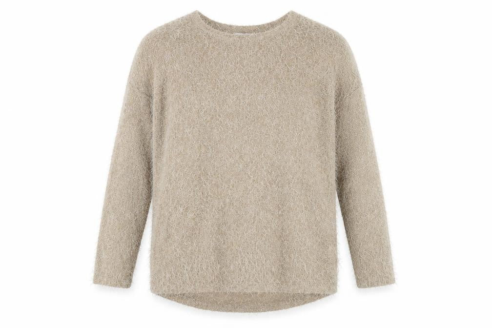 Front view of Ravi Famous women’s brown round neck modacrylic jumper, size L