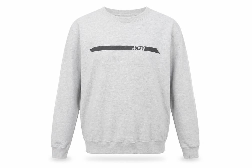 Front view of The Lucky Club men’s grey round neck cotton jumper, size M