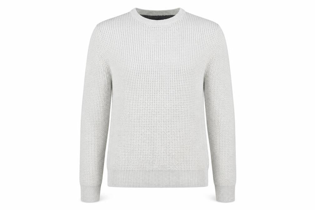 Front view of New Look men’s grey round neck acrylic jumper, size S