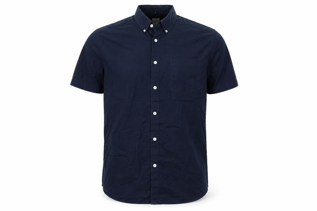 Front view of River Island men’s blue cotton button-up, size S, collared