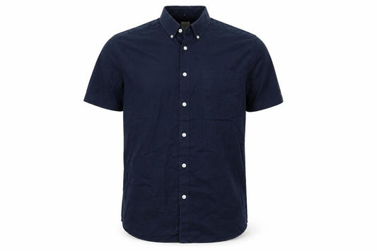 Front view of River Island men’s blue cotton button-up, size S, collared