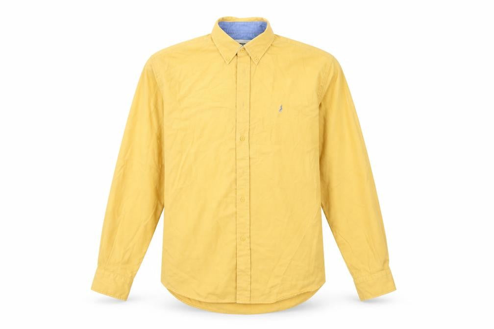 Front view of Northwood men’s yellow polyester button-up, size M, collared