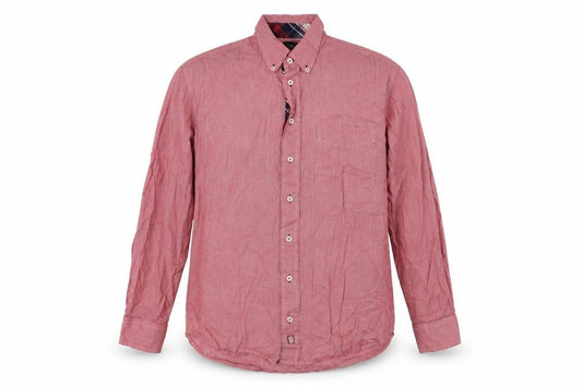 Front view of Park Lane men’s red check cotton button-up, size L, collared button