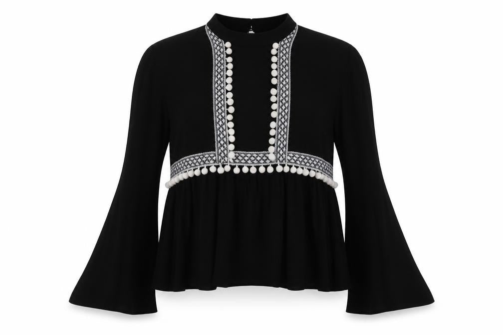 Front view of Young Bohemians women’s black geometric viscose basic blouse, size UK 10, mock neck