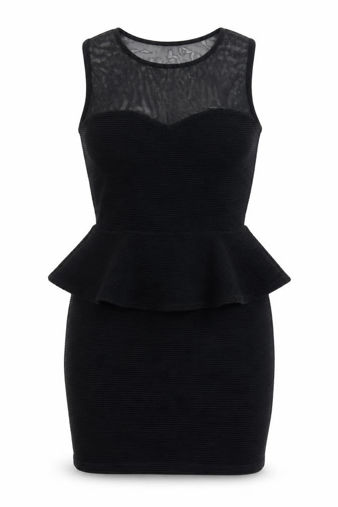 Front view of Miss Selfridge women’s black mini, size UK 10, round neck