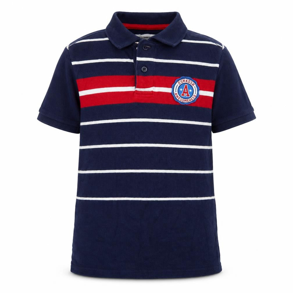 Front view of Oshkosh boys’ multicoloured striped cotton basic polo, size 8, years collared