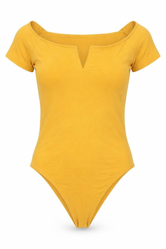 Front view of Primark women’s yellow cotton bodysuit one-piece, size S