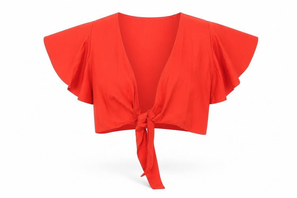Front view of Preworn women’s orange polyester cropped blouse, size M, v-neck