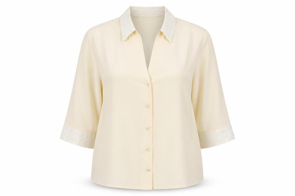 Front view of Preworn women’s ivory polyester basic button-up, size UK 20, collared