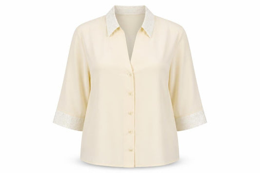Front view of Preworn women’s ivory polyester basic button-up, size UK 20, collared