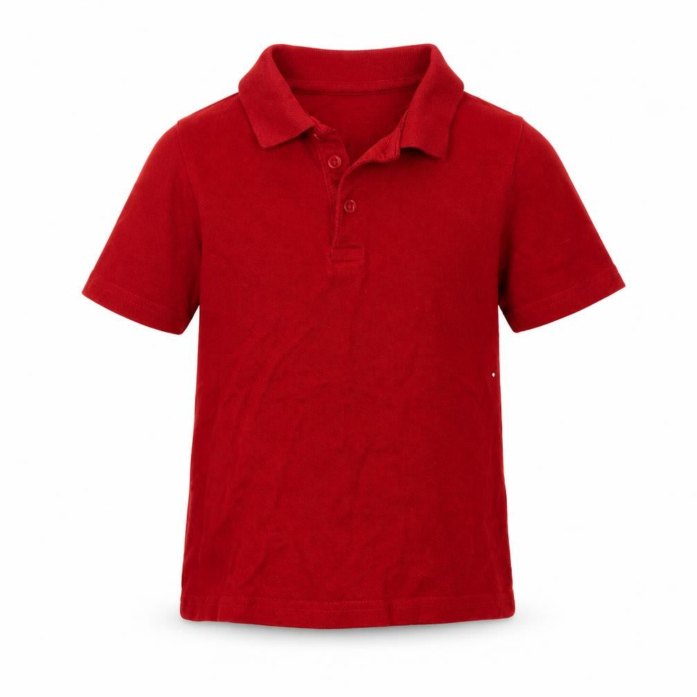Front view of Matalan boys’ red cotton basic dress shirt, size 4, years collared button - school wear