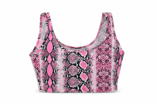 Front view of PRETTYLITTLETHING women’s pink animal print viscose cropped tank, size UK 8, scoop neck