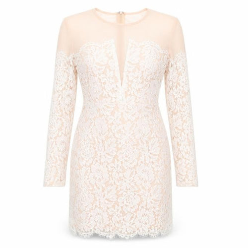 Missguided Womens Ivory Floral Polyester Bodycon  Size 10  Round Neck Zip - Peach with Lace Overlay Dress Sheer Shoulders