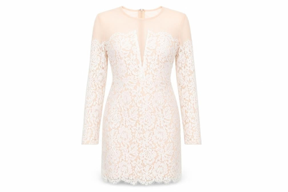 Missguided Womens Ivory Floral Polyester Bodycon  Size 10  Round Neck Zip - Peach with Lace Overlay Dress Sheer Shoulders