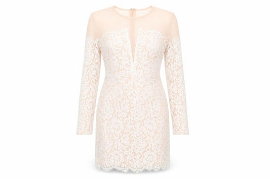 Front view of Missguided women’s ivory floral polyester bodycon, round neck zip - peach with lace overlay dress sheer