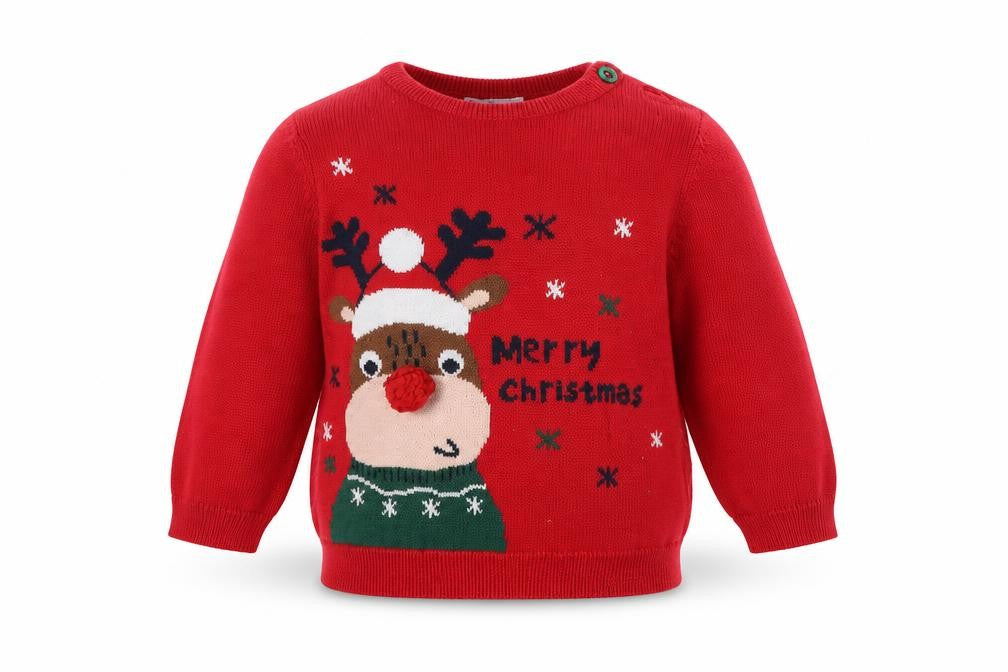 Front view of So Cute Baby Red Cotton jumper, size 9-12, Months Button - Rudolph Christmas