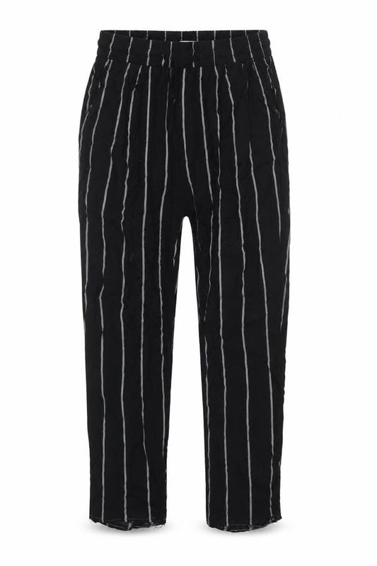 Front view of PRETTYLITTLETHING women’s black striped viscose dress pants trousers, size UK 4, regular