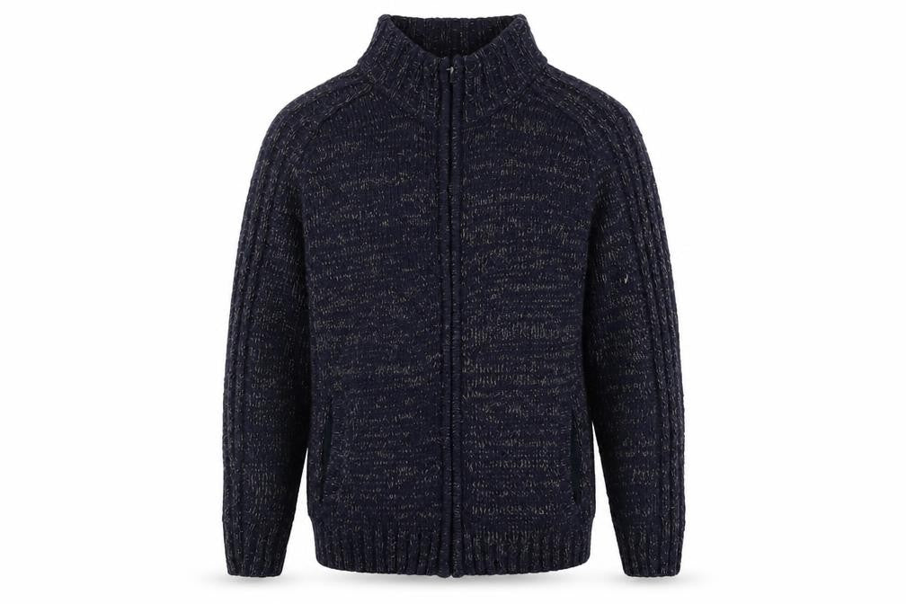 Front view of Stone Bay men’s multicoloured mock neck acrylic full zip jumper, size L