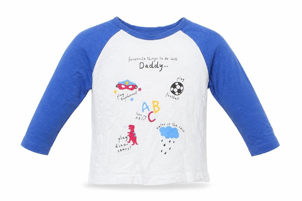 Matalan Boys White Colourblock Cotton  Pyjama Top Size 12-18 Months  Pullover - Blue Sleeves Favourite things to do with Daddy... Play football