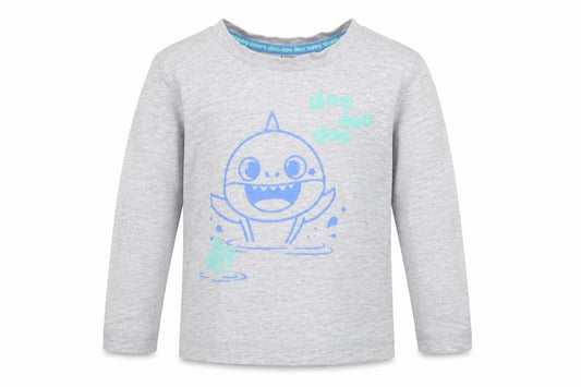 Front view of Pinkfong Baby Shark boys’ grey animal print cotton jersey casual, months round neck pullover - doo doo doo