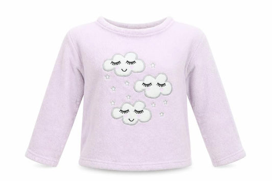 Front view of Selena Girl girls’ purple solid polyester top pyjama top, size 9-10, years pullover - lilac clouds & stars