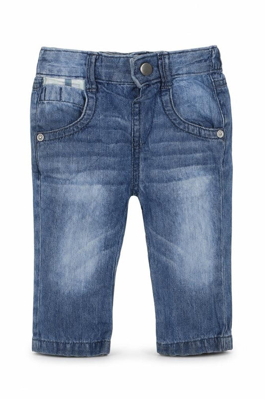 Front view of BHS boys’ blue cotton capri jeans, size 3-6, months button