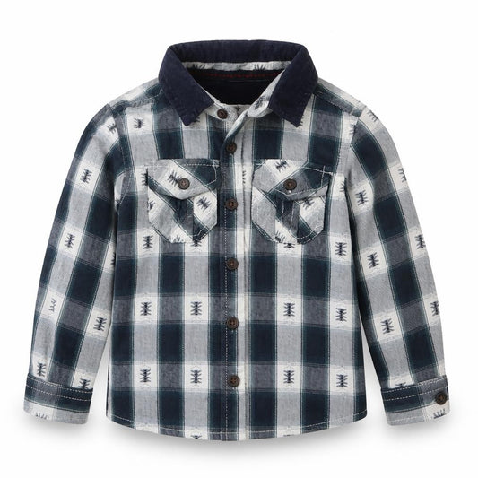 Front view of Primark boys’ blue check cotton basic button-up, size 2-3, years collared button