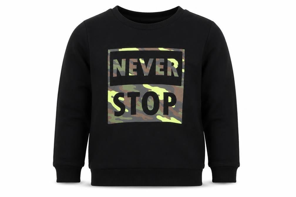 Front view of Primark boys’ black cotton pullover sweatshirt, size 5-6, years pullover - never stop