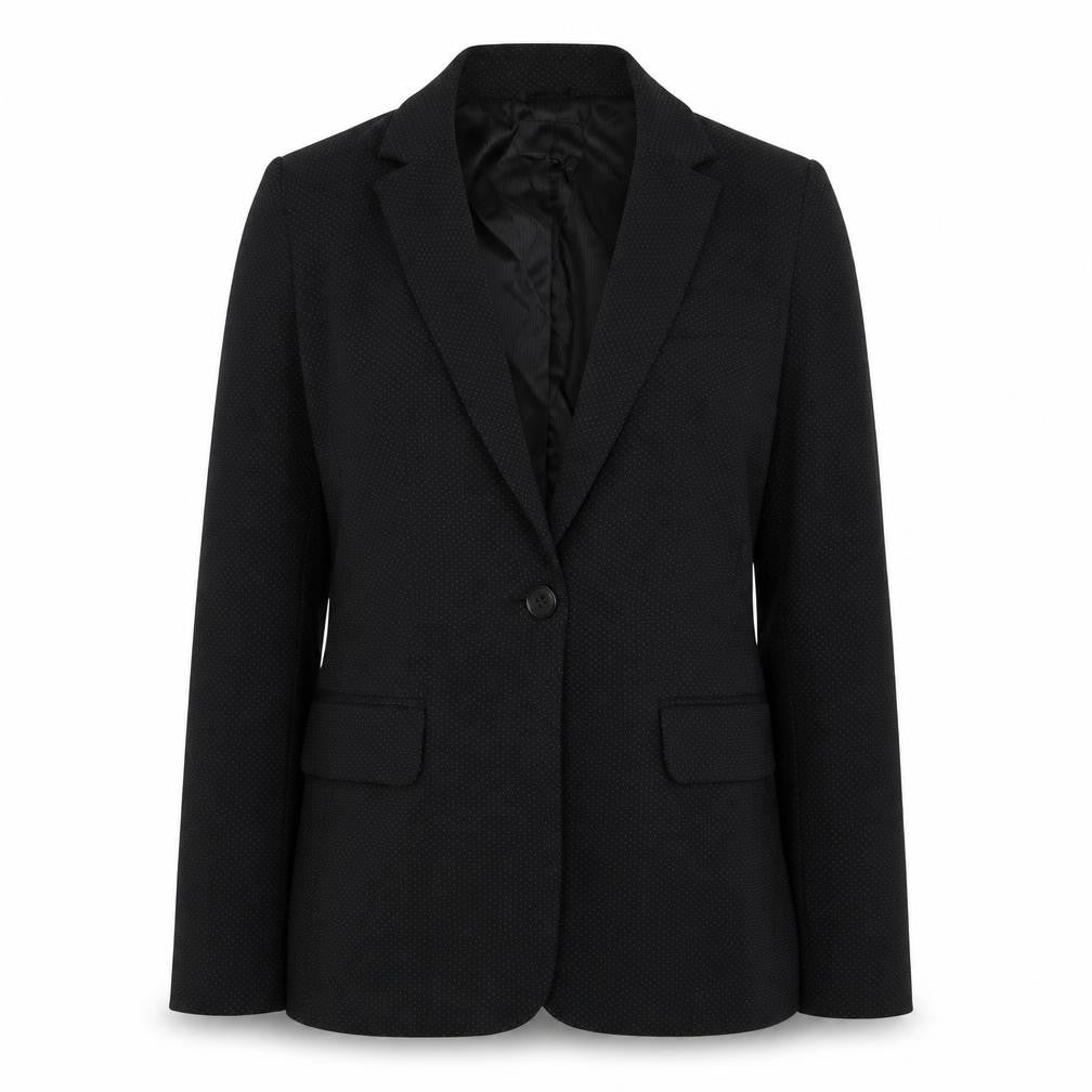 Front view of Next women’s black polka dot polyester jacket suit jacket, size UK 6