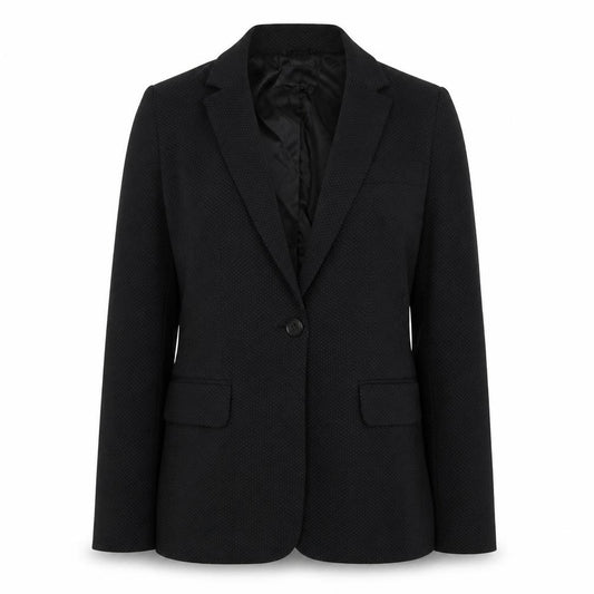 Front view of Next women’s black polka dot polyester jacket suit jacket, size UK 6
