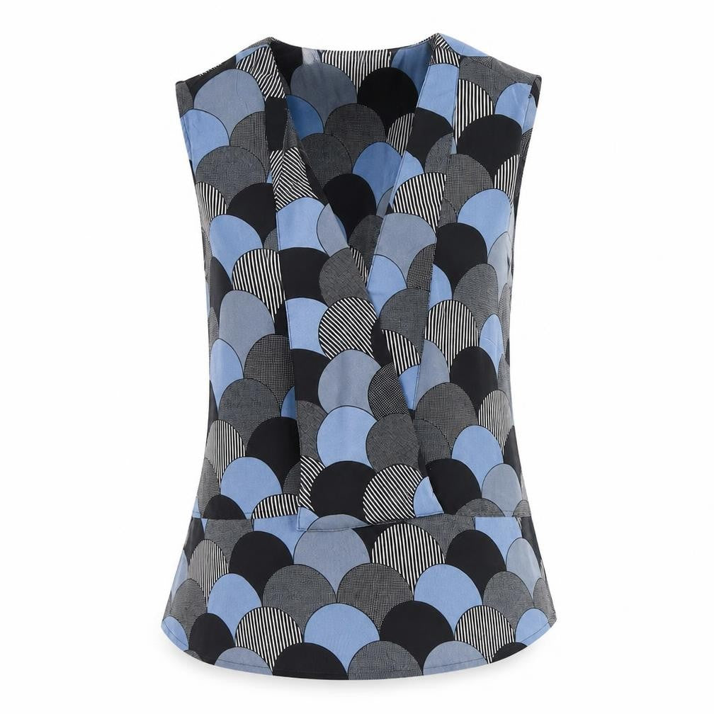 Front view of Next women’s blue polka dot polyester basic tank, size UK 10, v-neck