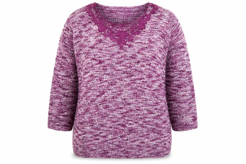Front view of Bonmarché women’s purple round neck acrylic jumper, size L