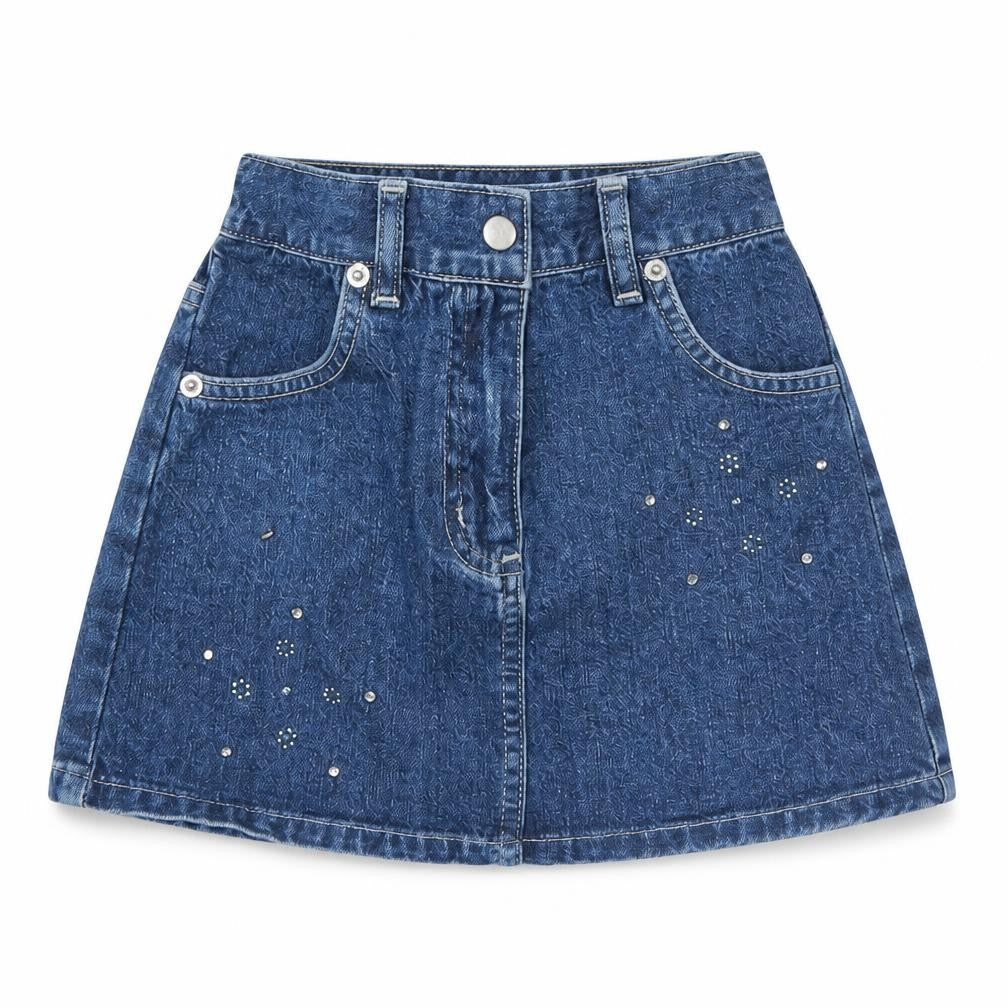 Front view of Xceed girls’ blue cotton mini skirt, size 3, years regular button