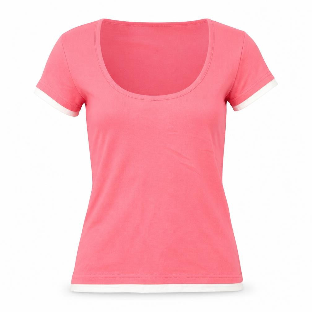 Front view of Editions women’s pink cotton basic blouse, size UK 12, round neck