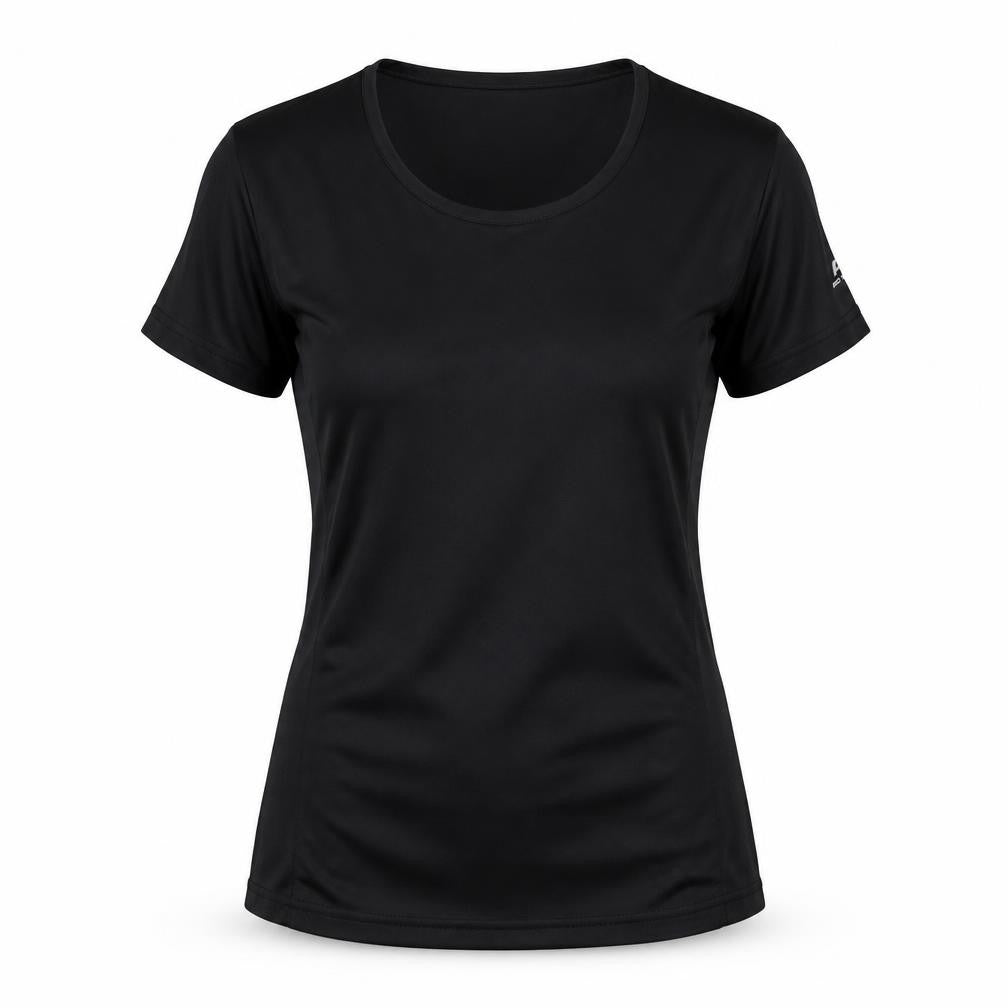 Front view of PRO TOUCH women’s black 100% polyester basic t-shirt, size UK 8, round neck
